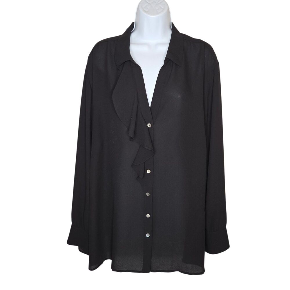 J. Jill Women 3X Black Ruffle Cascade Front Button Up Blouse Sheer Top WTP167234
